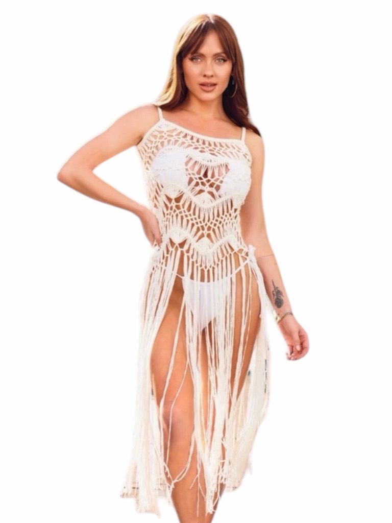 Long White Crochet Swim Coverup With Tassels In Small & Medium Nwt